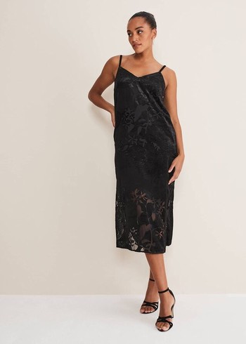 Phase Eight Fayette Textured Velvet Slip Dress Black Australia | VP8976102